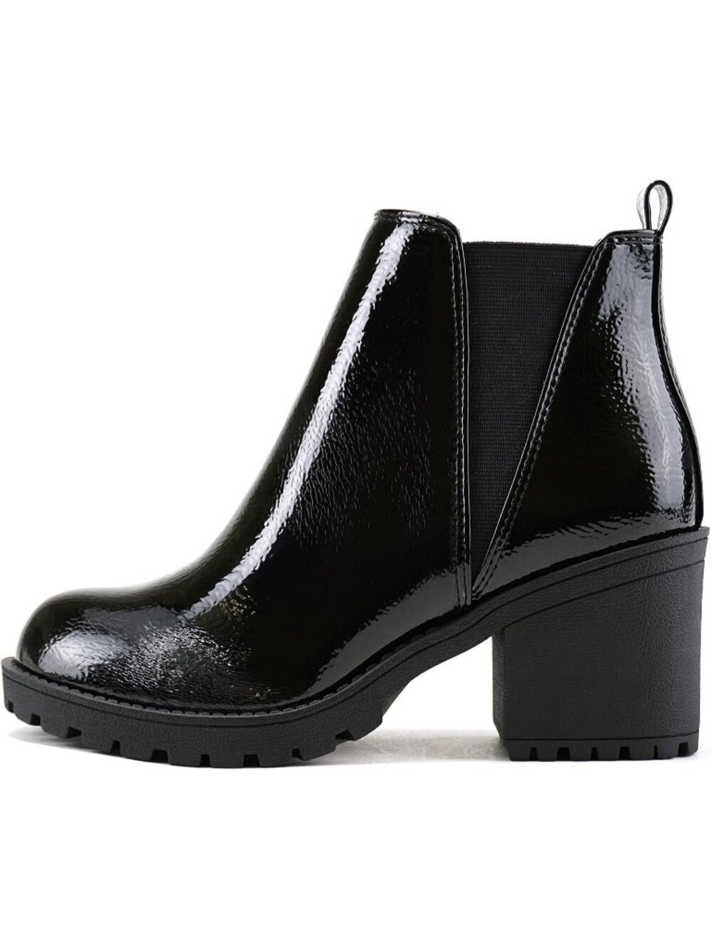 Women's Black Patent Origami Lug Sole Mid Heel Ankle Bootie Double Elastic Boot